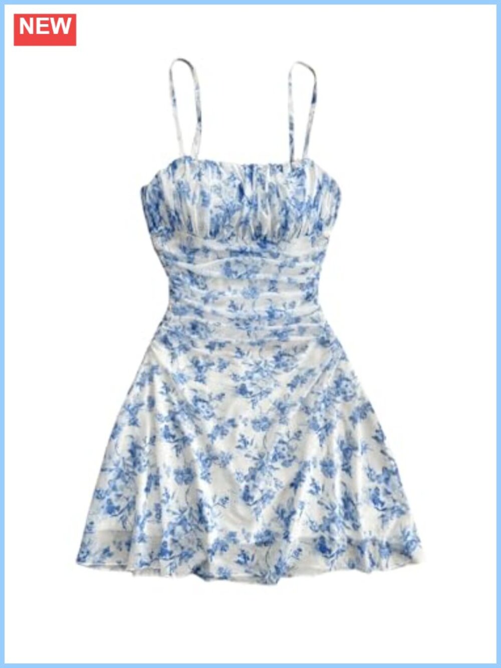 Floral Print Ruched Cami Mesh Mini Dress Ruffle Hem Sleeveless - Picture 1 of 5